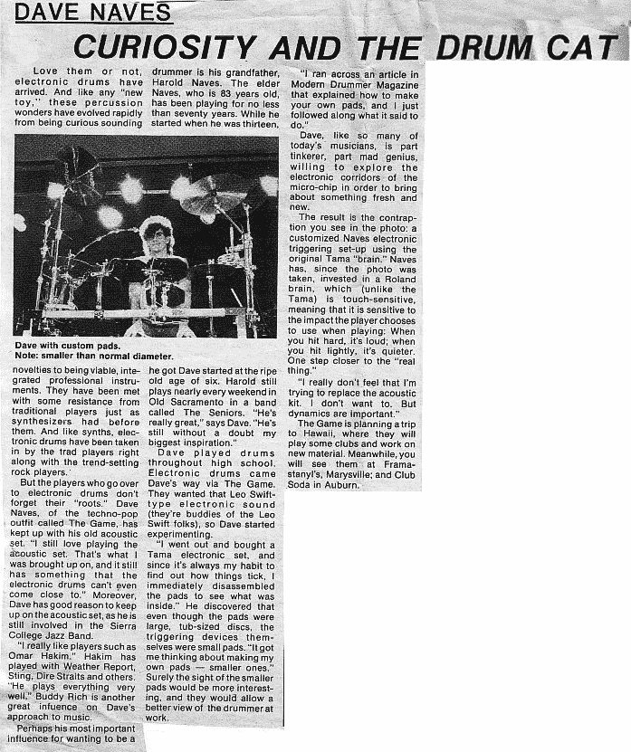 Article about Dave's hand made and engineered electronic drum pads, 1987.